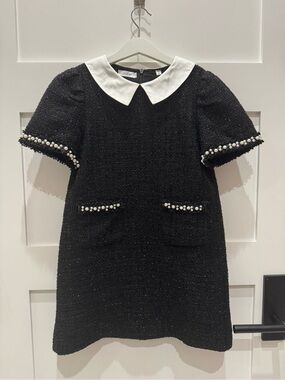 LUXELIM Girls' Black Tweed Dress with White Peter Collar and Pearl Trim
